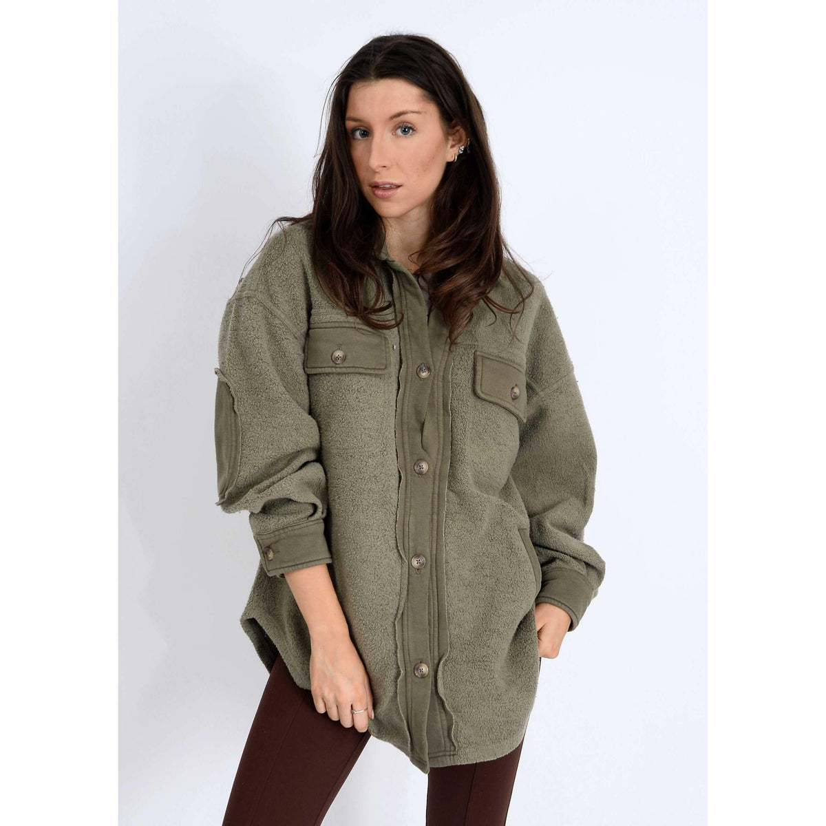 Rd Style Lexie Fleece Oversize Jacket in olive drab fleece, cozy shirt jacket with chest pockets.