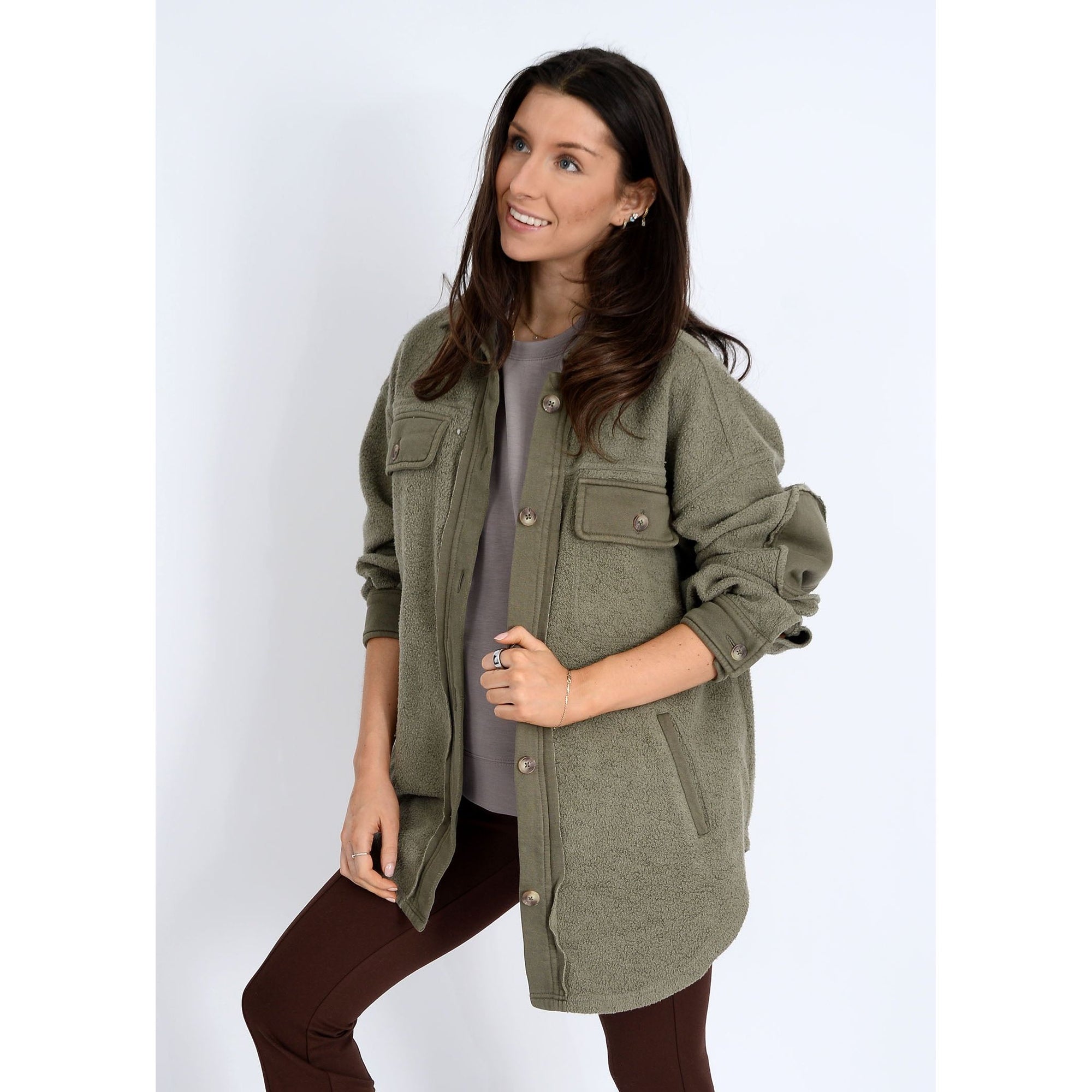 Rd Style Lexie Fleece Oversize Jacket in olive drab fleece, cozy shirt jacket with chest pockets.
