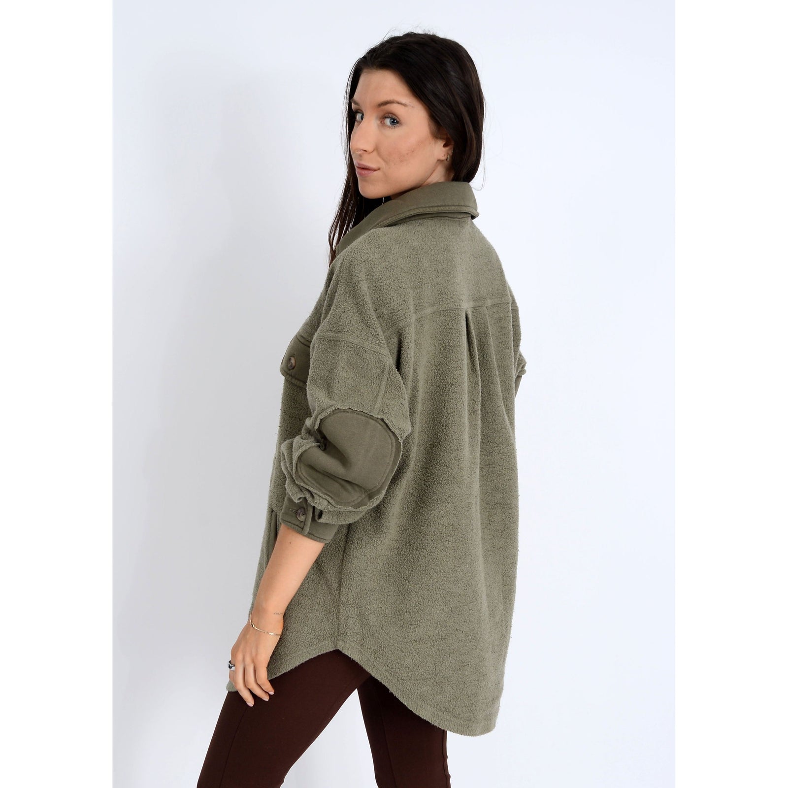 Rd Style Lexie Fleece Oversize Jacket in olive fleece with rolled sleeves and shirt-tail hem.