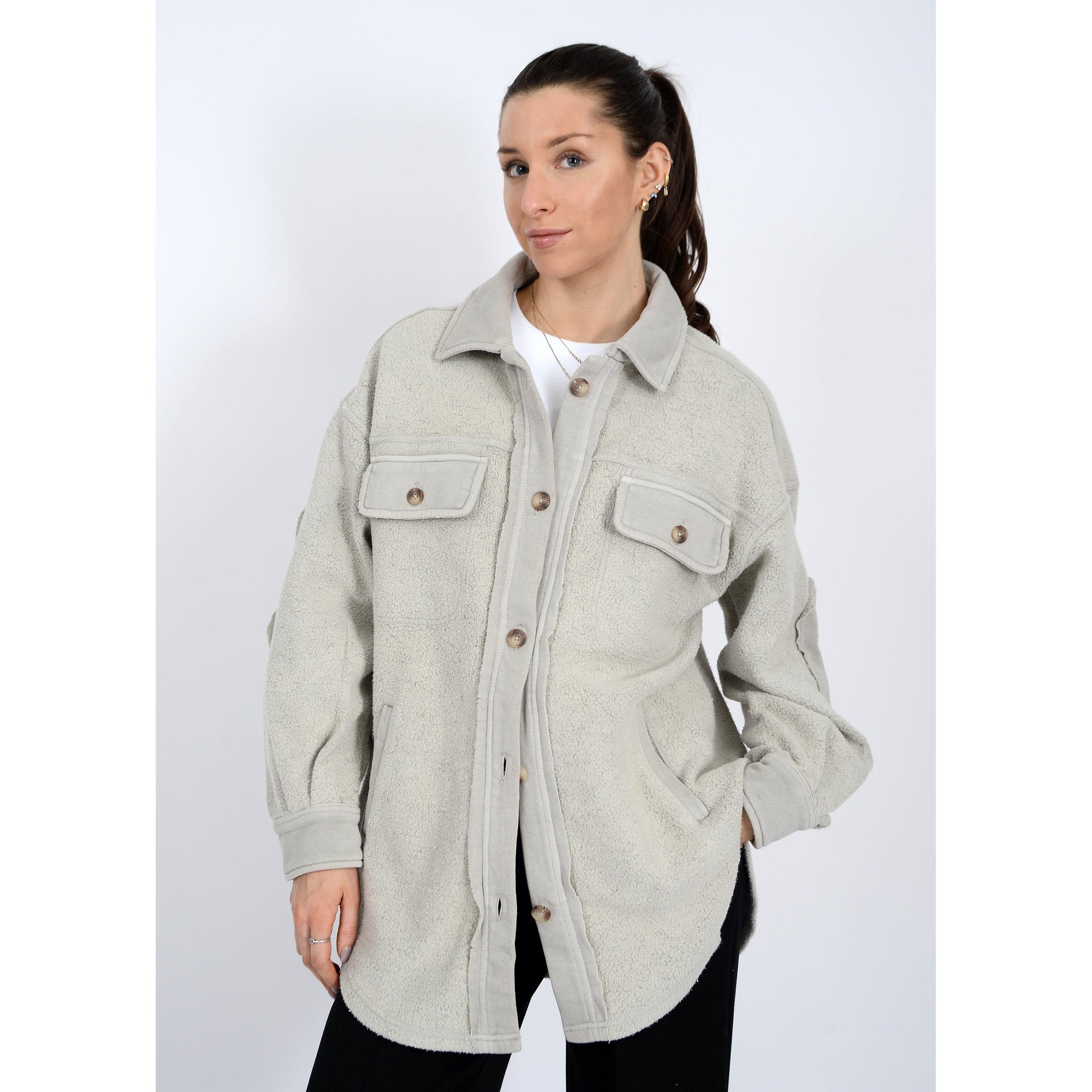 Lexie Fleece Oversize Jacket by Rd Style in neutral fleece with chest pockets.