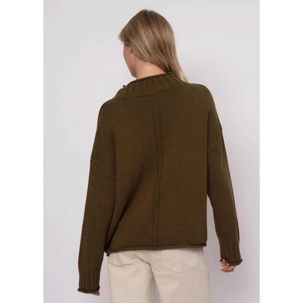 Back view of the olive green Lucretia Funnel Neck Sweater featuring a ribbed stand-up collar and vertical back seam detail.