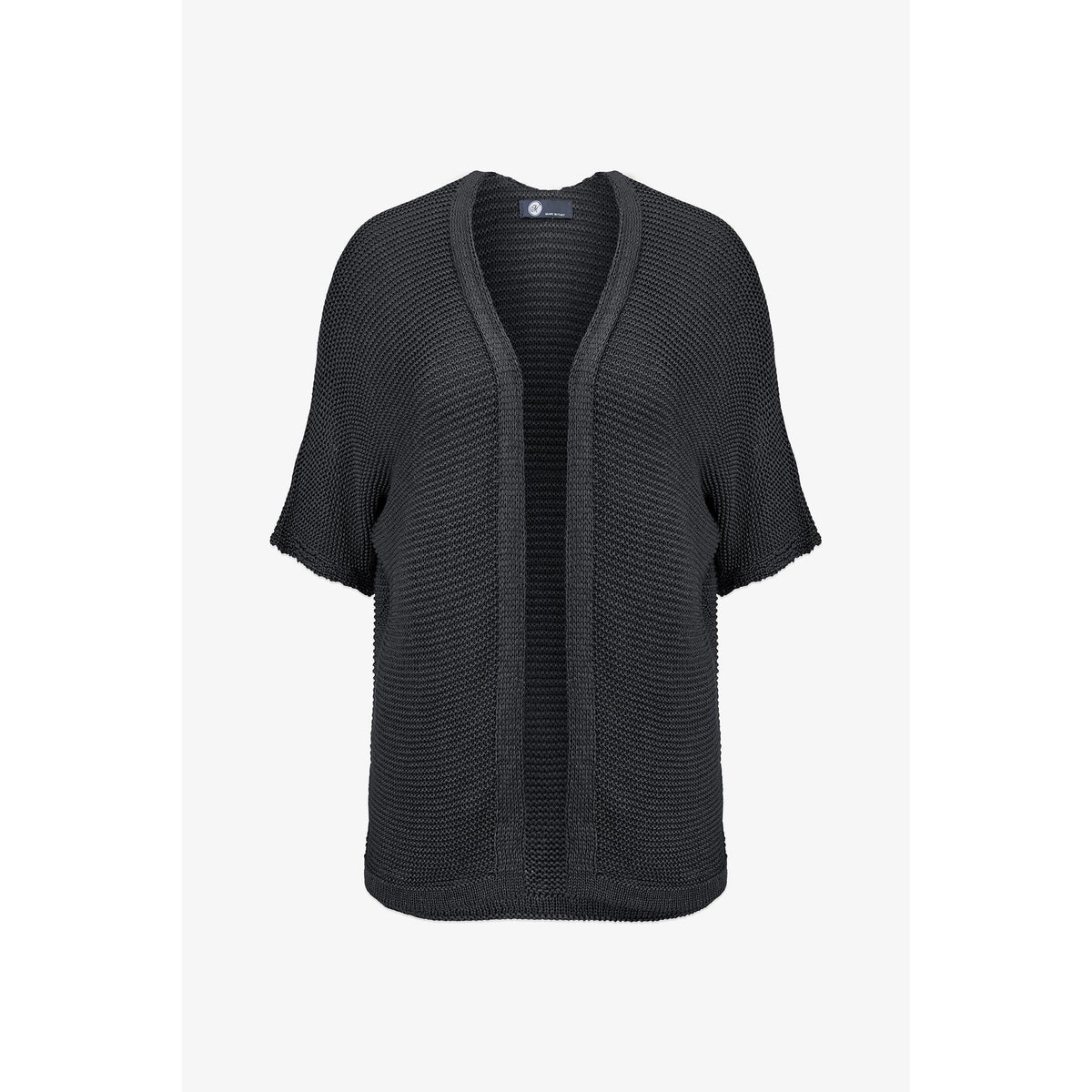M Made in Italy Cardigan Sweater in black, open-knit short-sleeve with rib trim for versatile layering.
