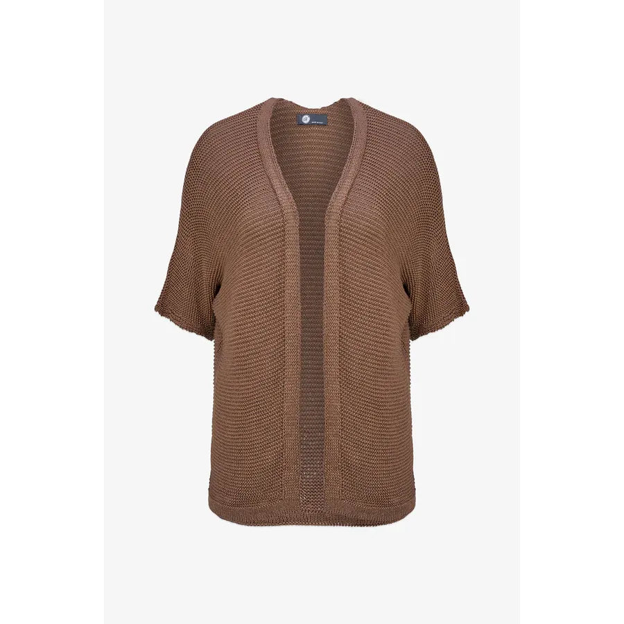 M Made in Italy Cardigan Sweater in brown open-knit, short-sleeve, lightweight acrylic for versatile layering.