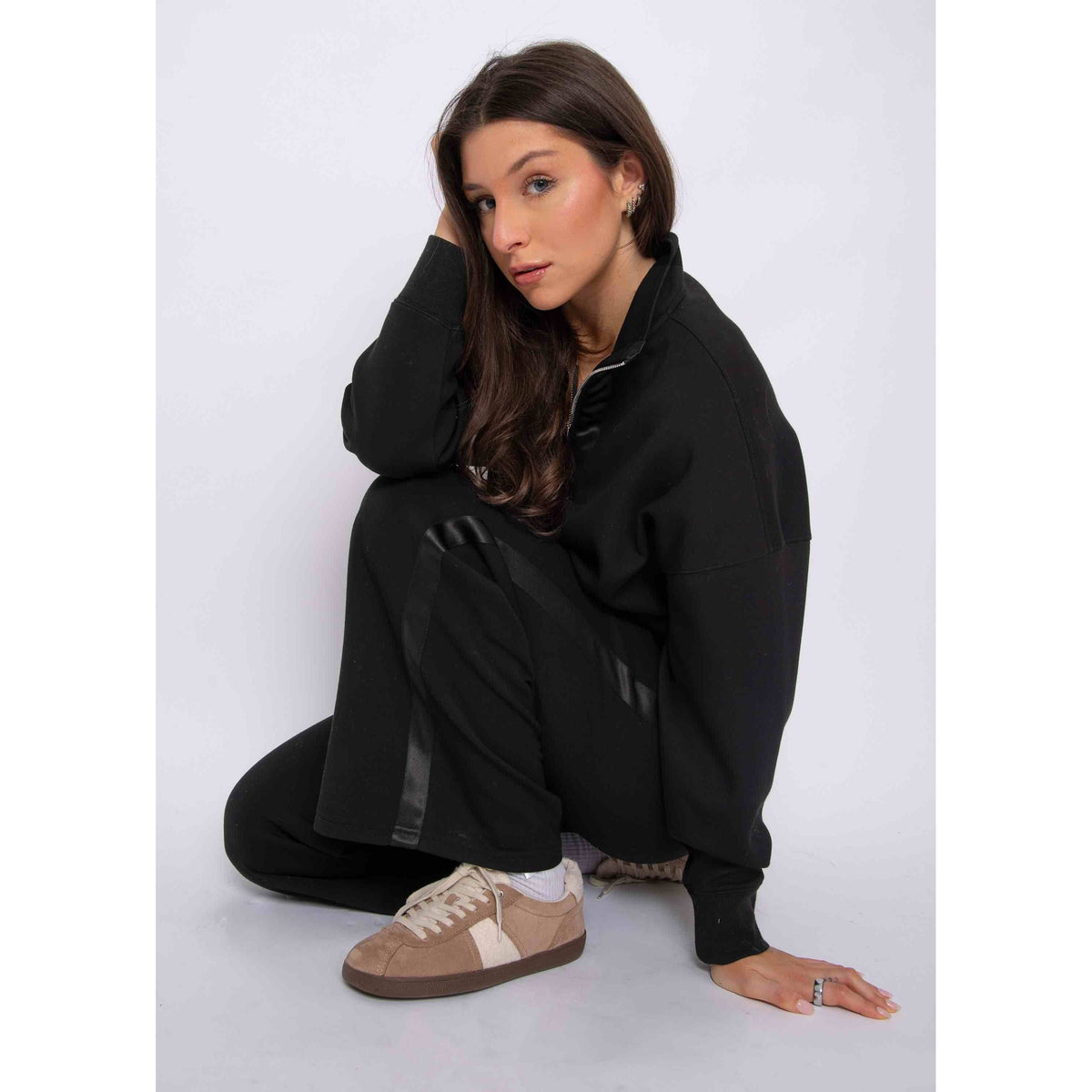 Mailyn Soft Knit w/ Satin Trim 1/2 Zip cropped pullover in luxe scuba fabric with satin trim, relaxed fit.