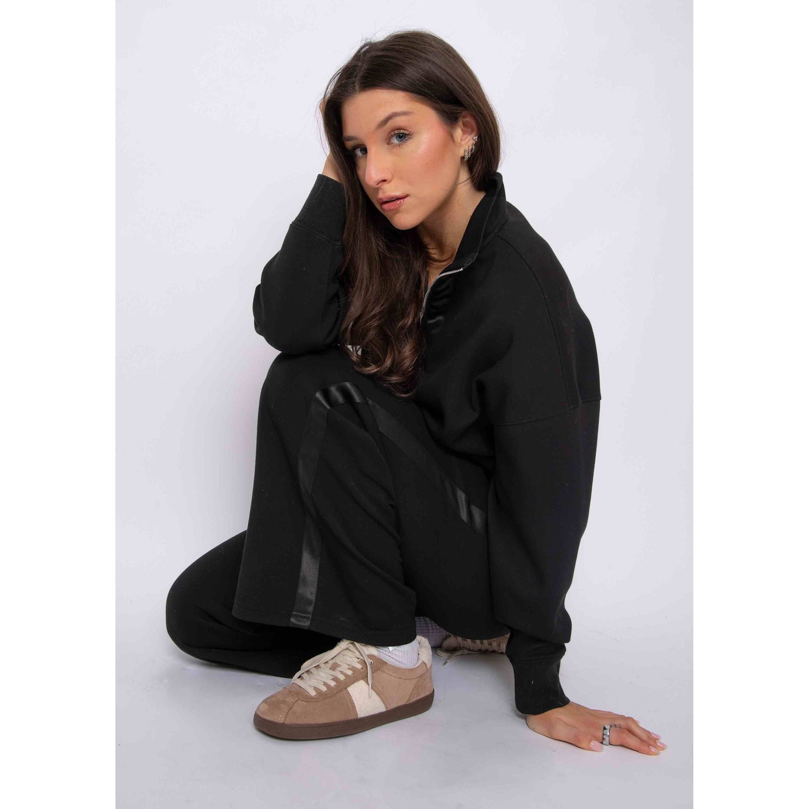 Mailyn Soft Knit w/ Satin Trim 1/2 Zip cropped pullover in luxe scuba fabric with satin trim, relaxed fit.