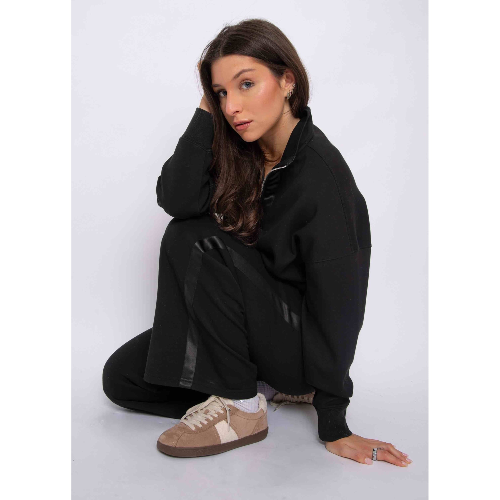 Mailyn Soft Knit w/ Satin Trim 1/2 Zip cropped pullover in luxe scuba fabric with satin trim, relaxed fit.