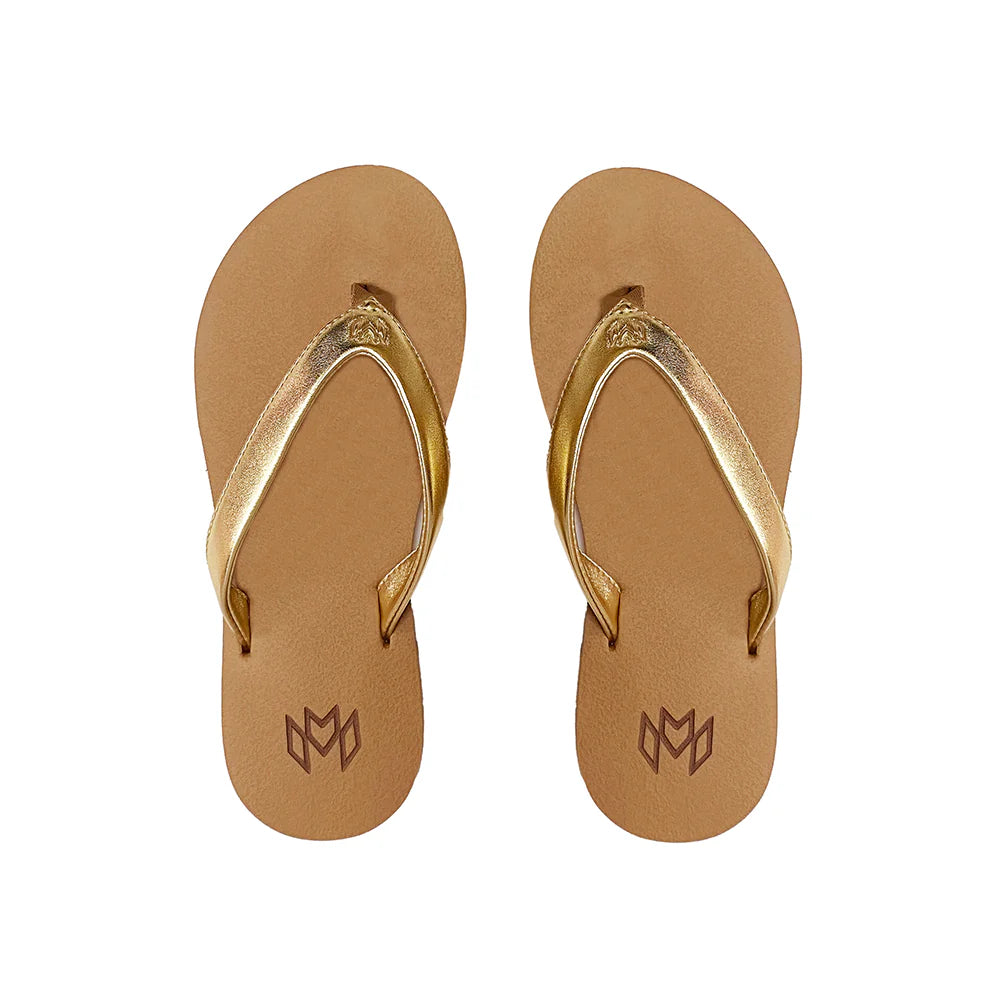 Stylish Malvados Marley II flip flops in gold, offering superior comfort and arch support for all-day wear.