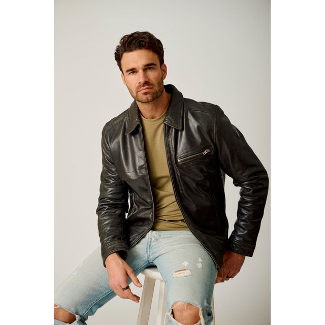 Mauritius Berink 2 UF Leather Jacket worn by a male model, black premium lambskin with zip pockets and a modern fit.