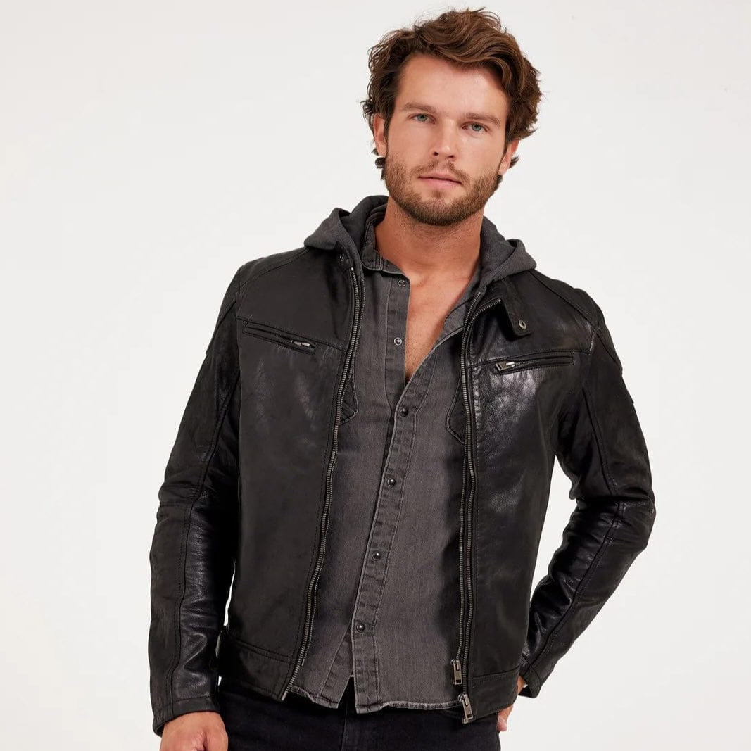Mauritius Biko UF Jacket, black lambskin leather with hood, vegetable-tanned, timeless German men&#39;s design