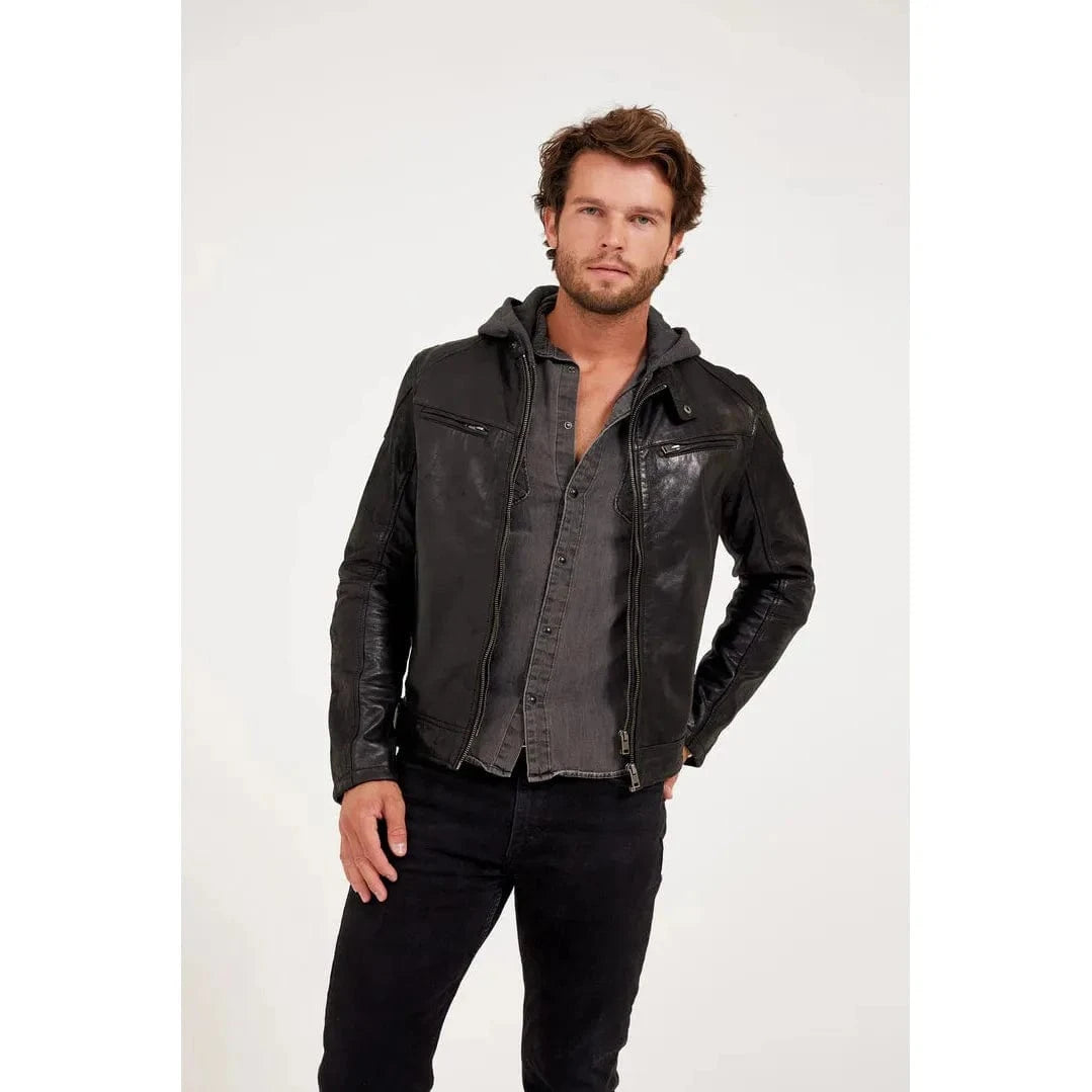 Mauritius Biko UF Jacket, black lambskin leather with hood, vegetable-tanned, timeless German men's design