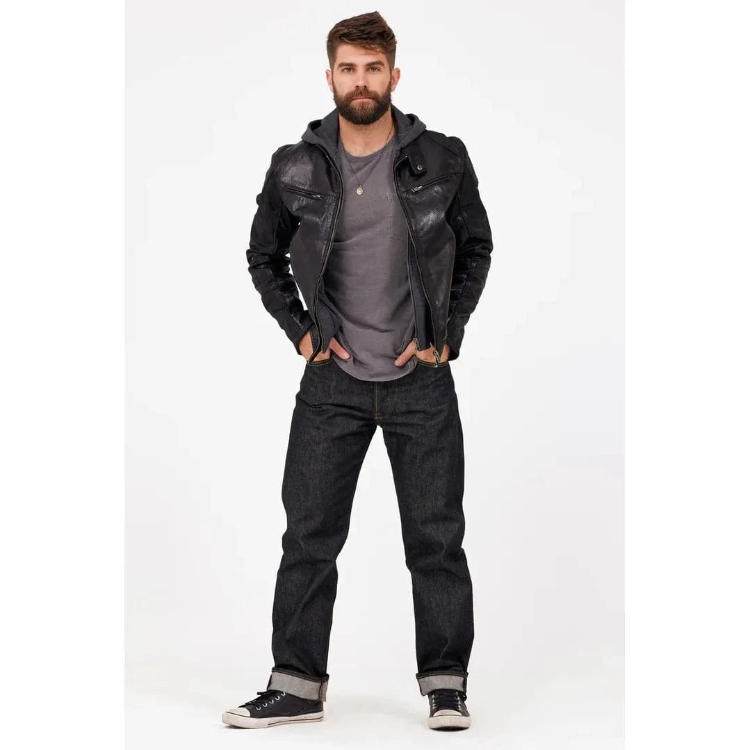 Mauritius Biko UF Jacket: classic men's lambskin leather, vegetable-tanned, black biker jacket on model.