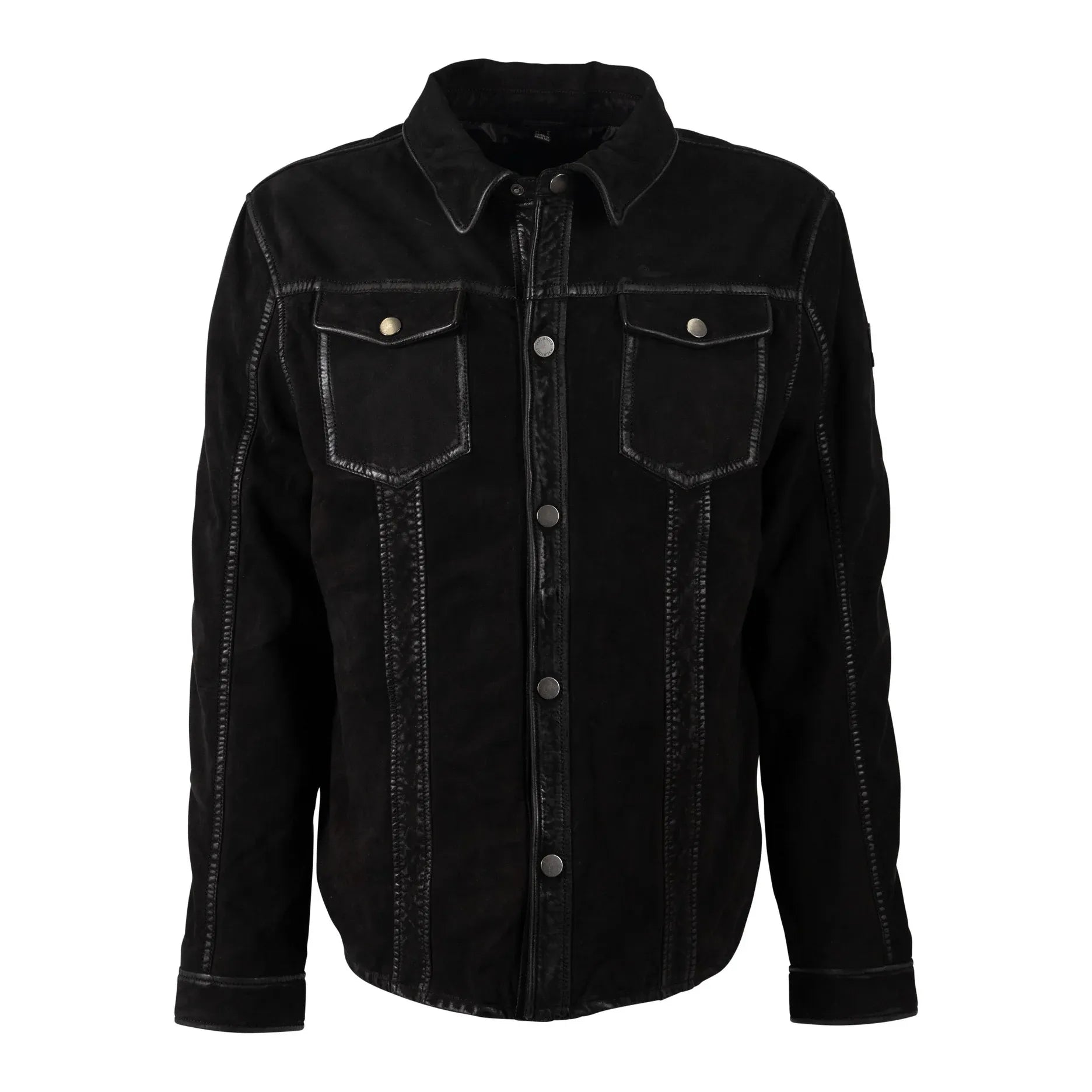 Man wearing Mauritius Sedro UF Nubuck Leather Jacket, camo shirt, jeans, and brown boots, tipping a black hat.