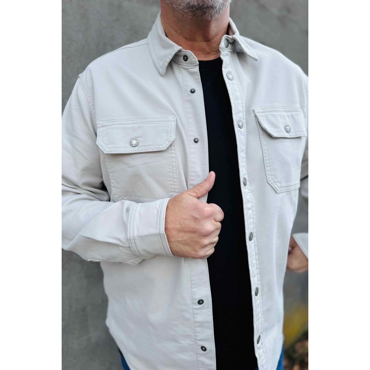 Mavi Asher Cloud Explorer shacket in light gray twill with snap front, dual chest pockets, and snap cuffs.