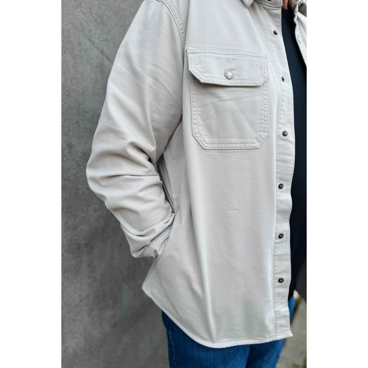 Mavi Asher Cloud Explorer shacket in light gray with snap front, dual chest pockets and snap cuffs.