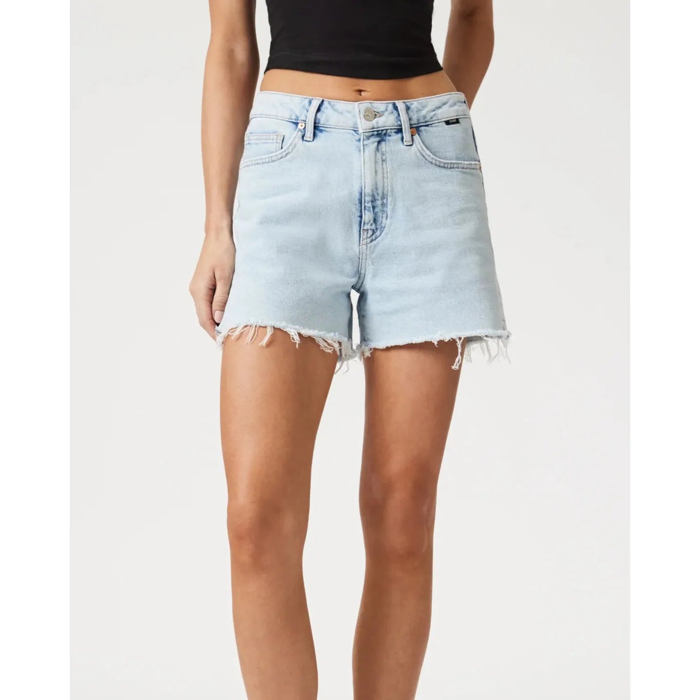 Stylish Mavi Heidi Bleached 90's Shorts feature a vintage wash and raw hem, perfect for a relaxed summer look.