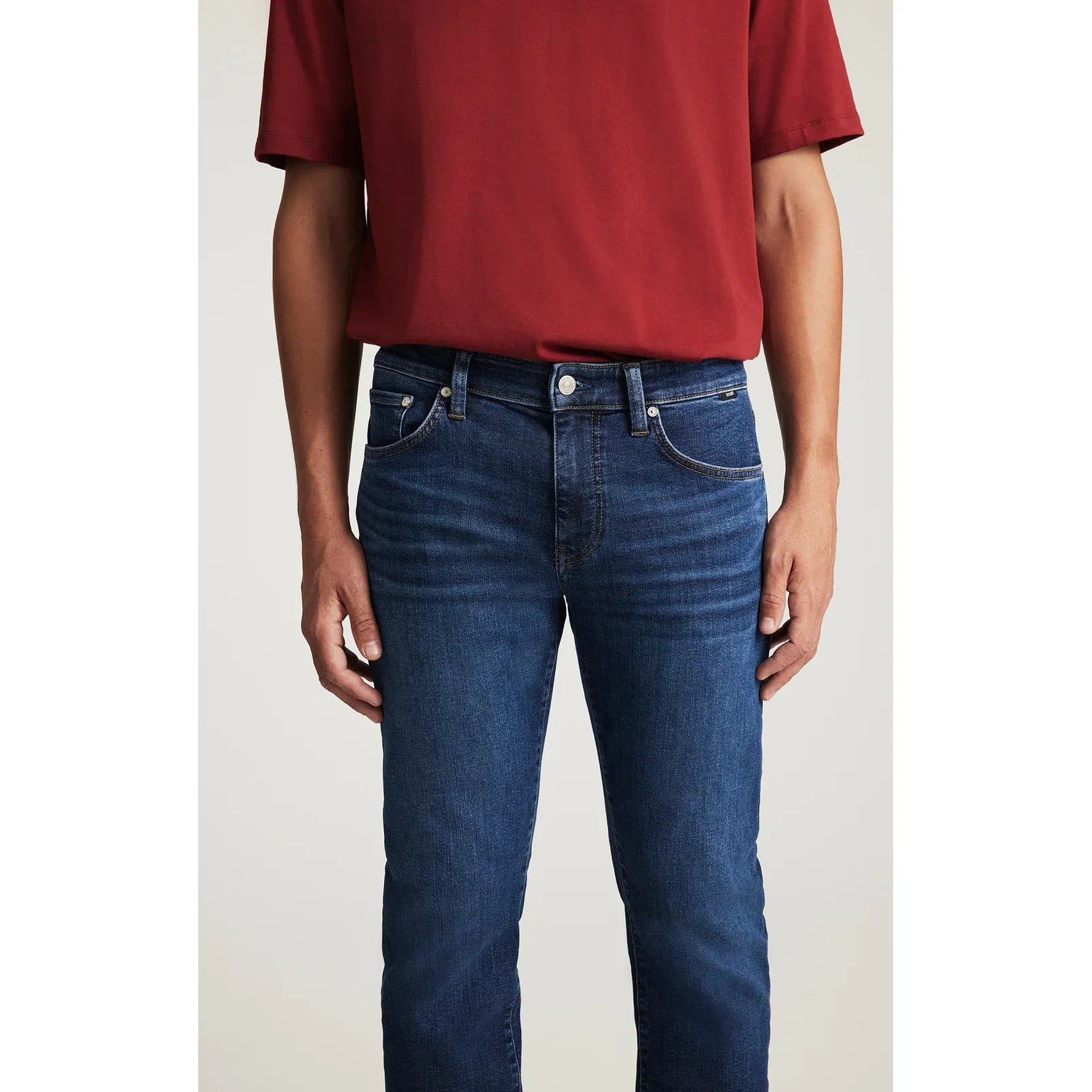 Mavi Jake Rinse Dark Brushed Classic Vintage jeans with slim fit through hip and thigh, dark wash with whiskering.