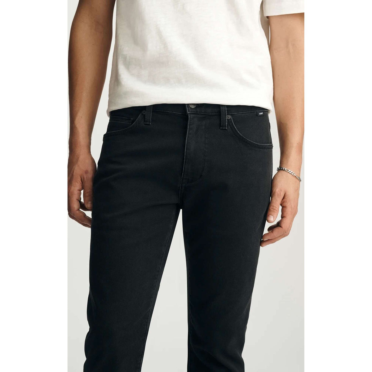 Mavi Jake Smoke Explorer Denim in washed-out black, regular rise, slim through hip and leg.