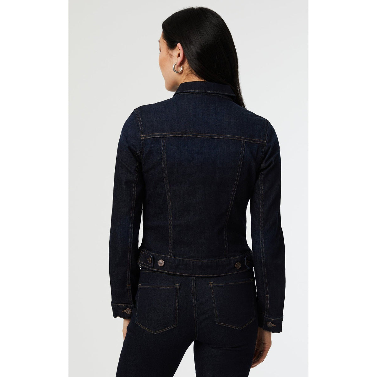 Mavi Samantha Dark Nolita Jean Jacket in dark denim, structured silhouette and substantial weight (back view)