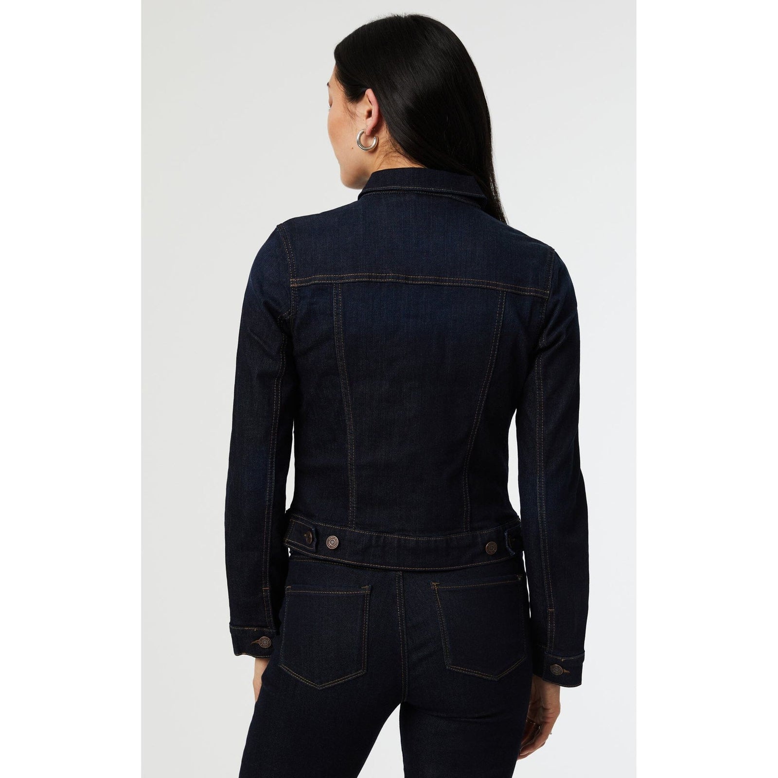 Mavi Samantha Dark Nolita Jean Jacket in dark denim, structured silhouette and substantial weight (back view)