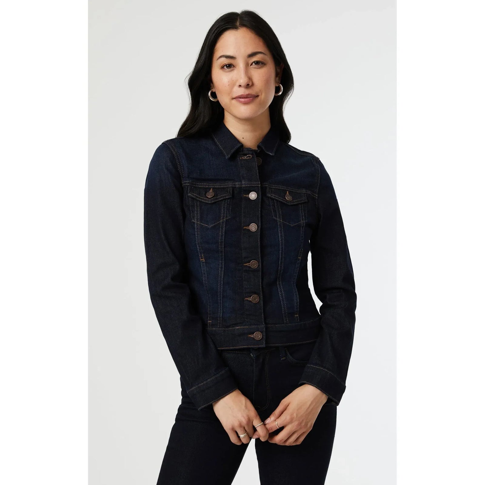 Mavi Samantha Dark Nolita Jean Jacket on a model, dark denim with copper buttons and contrast stitching.