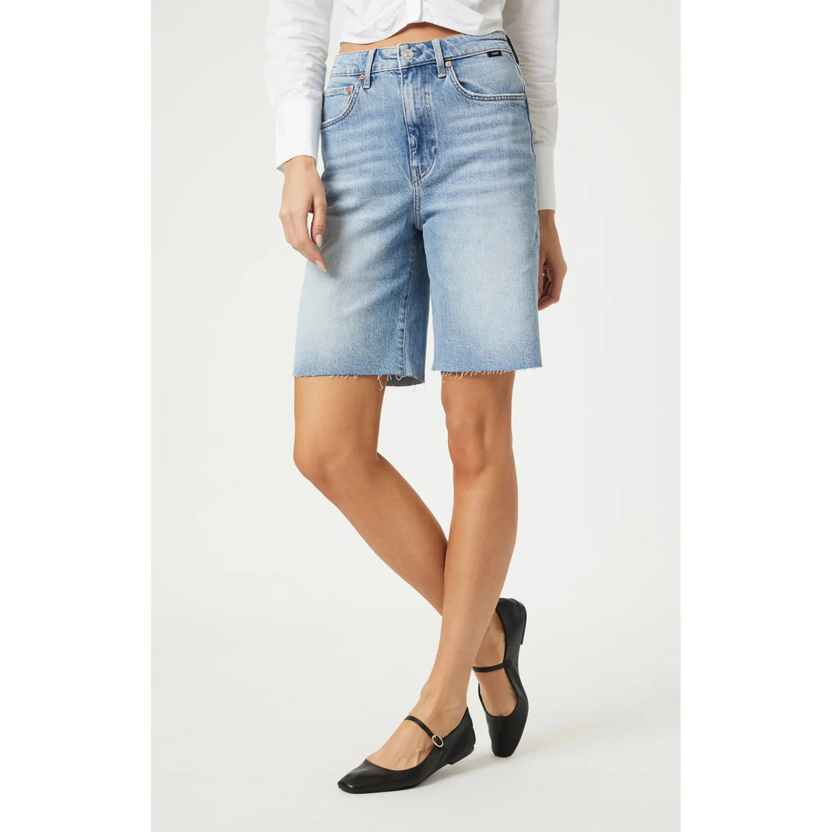 Mavi Selina Bermuda Shorts showcase a stylish light blue denim design for luxury comfort and effortless style.