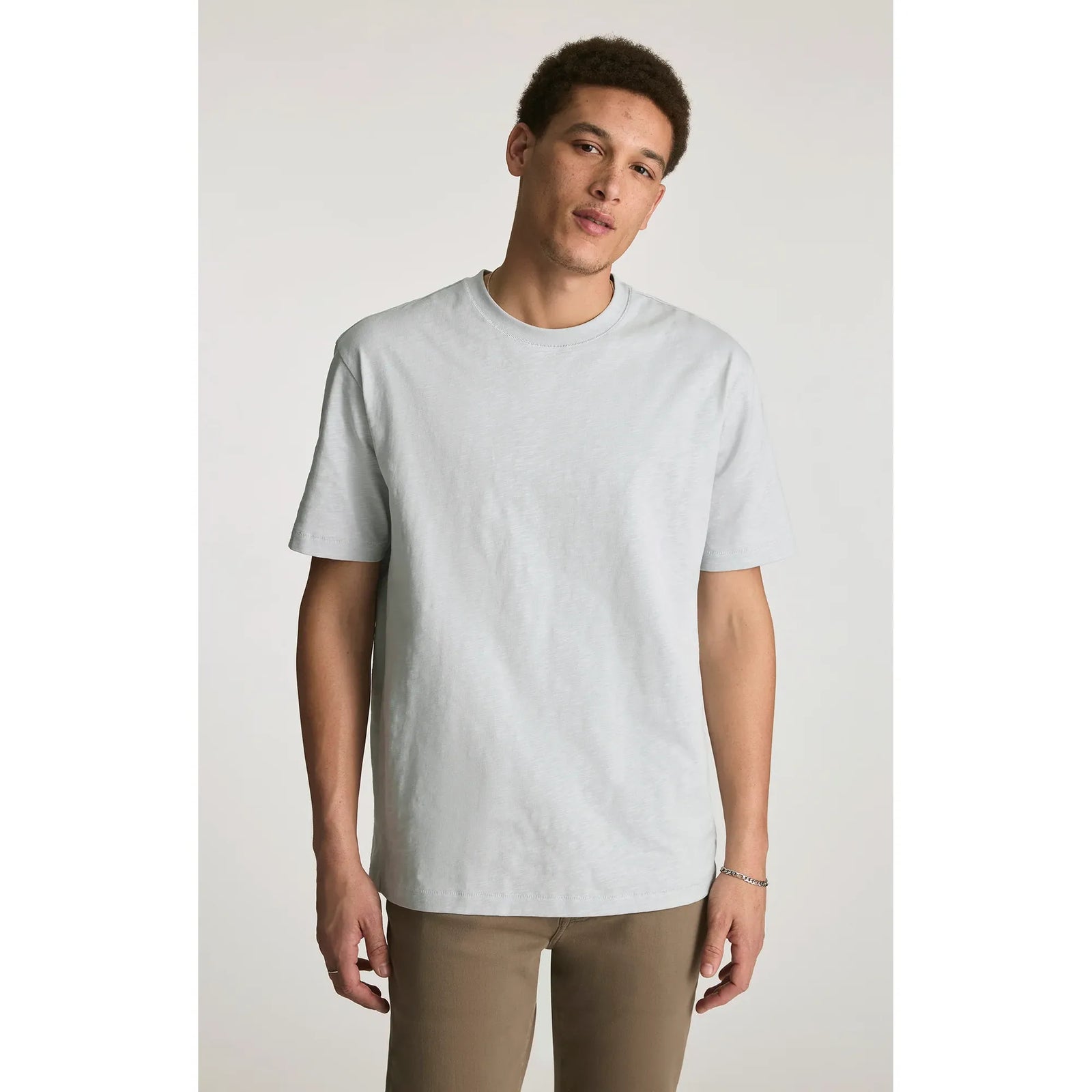 Mavi Slub Crew Neck Tee in light gray with relaxed fit short sleeves on a model
