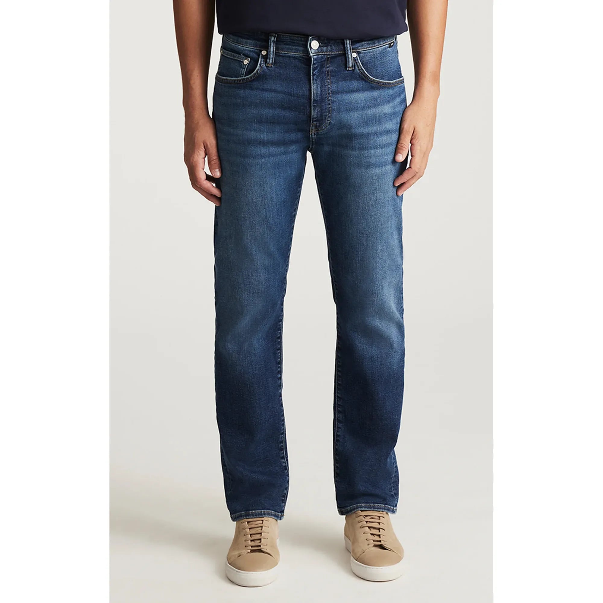 Mavi Zach Deep Brushed Classic Vintage Denim jeans with straight leg and regular rise in dark indigo wash.