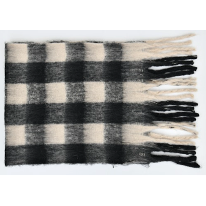 Molly Bracken Ladies Knitted Scarf in black and ivory check, fringed edges, reversible two-tone design.