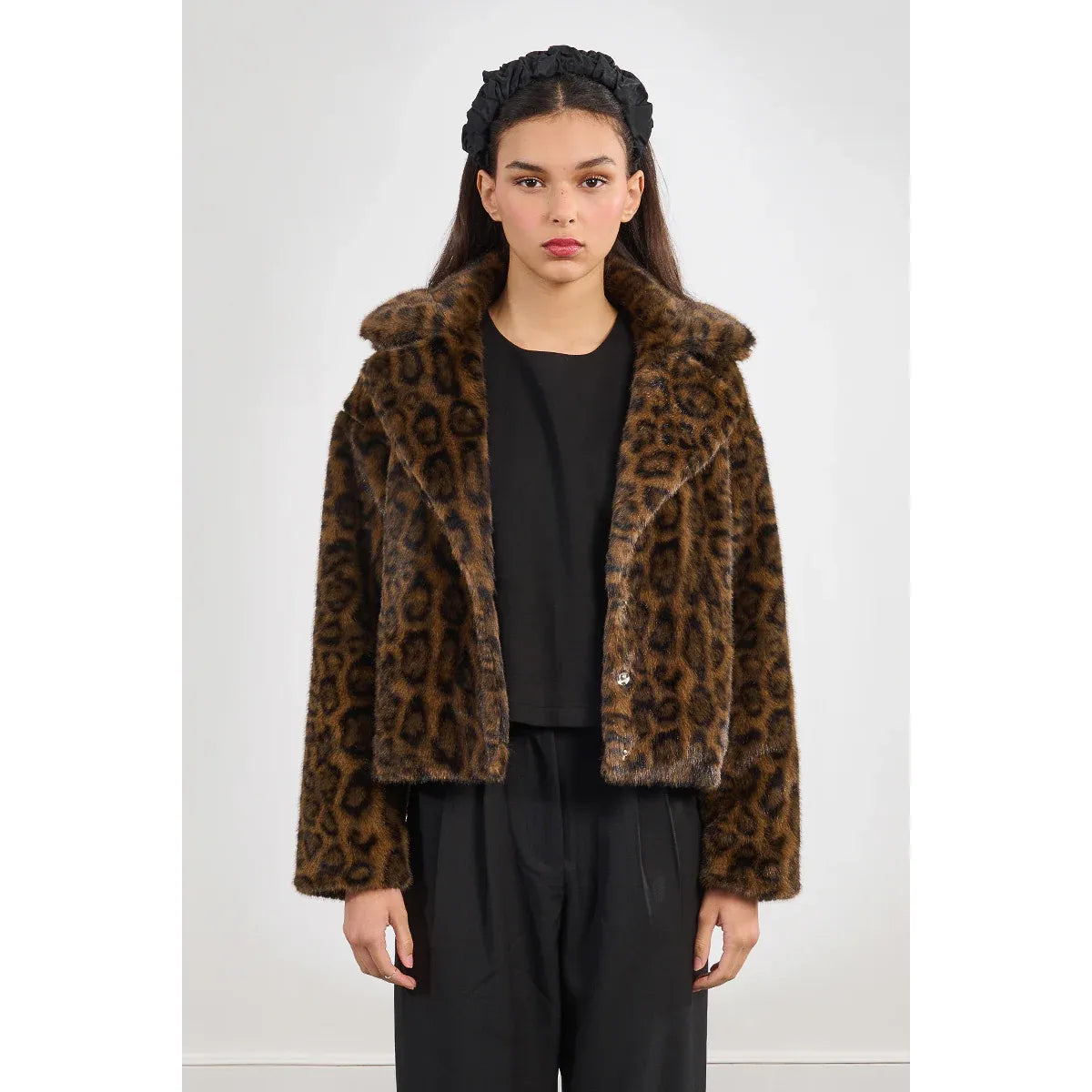 Molly Bracken Animal Print Jacket in plush leopard faux fur with wide shawl collar, short, fully lined worn by model.