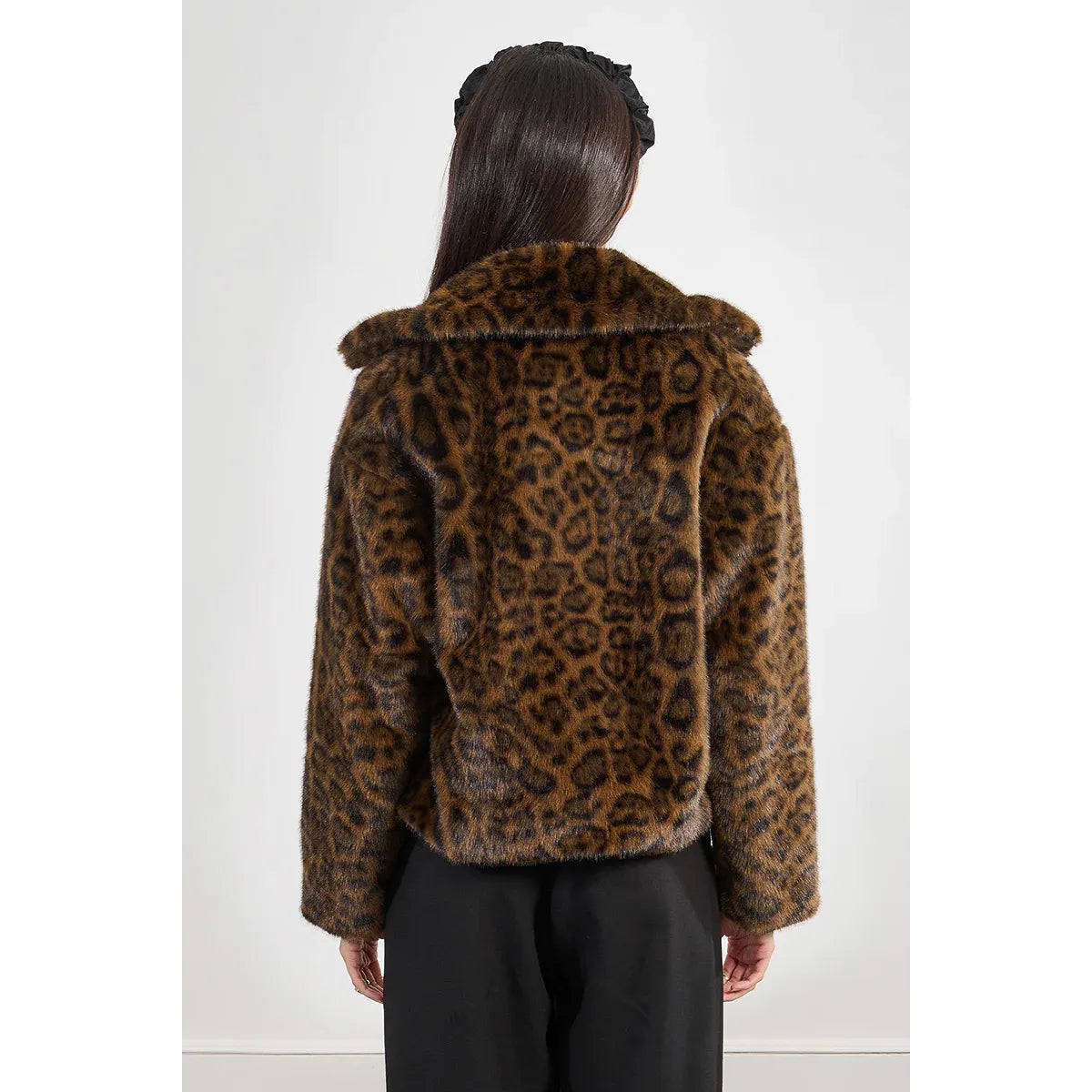 Molly Bracken Animal Print Jacket: back view of leopard faux fur with wide shawl collar.