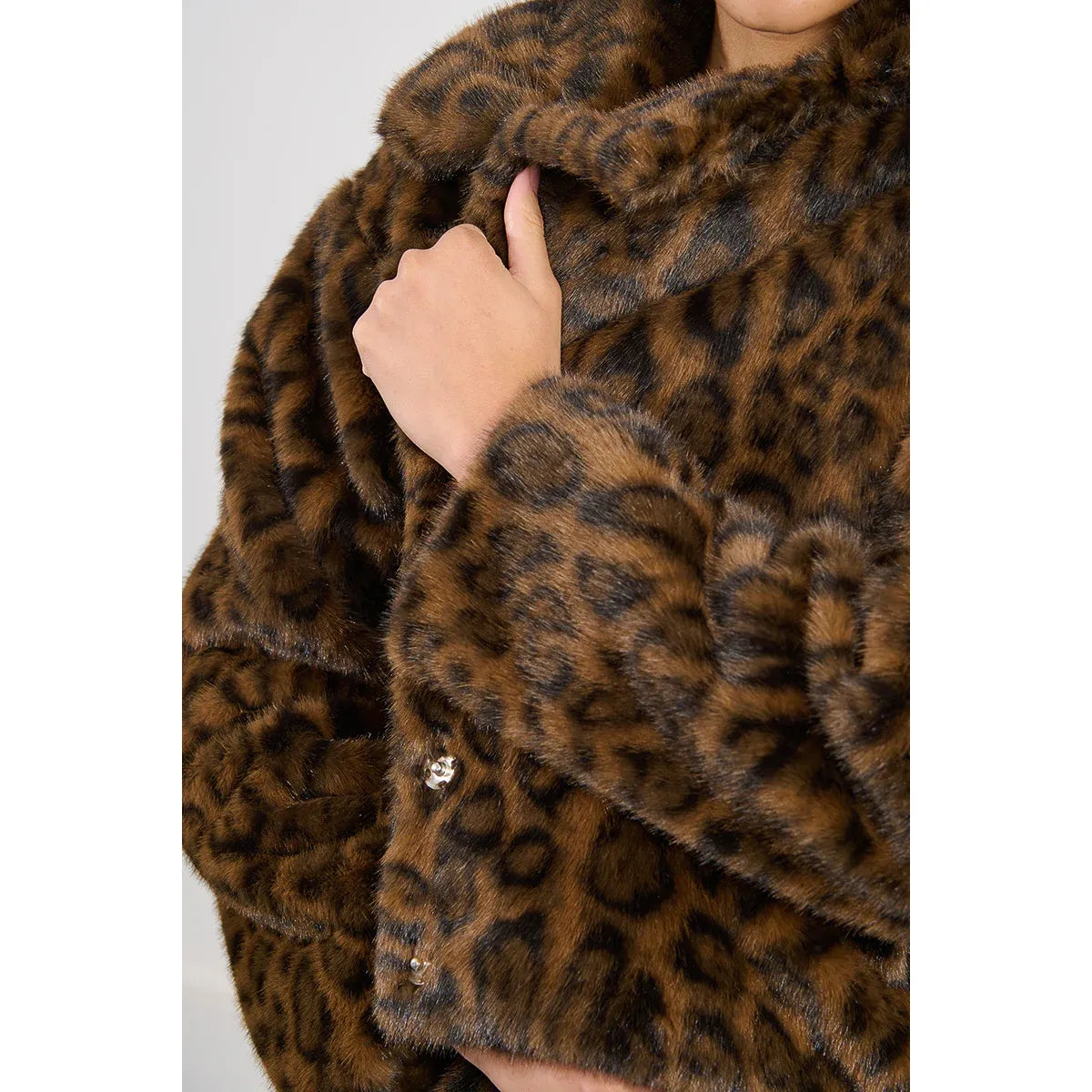 Molly Bracken leopard print faux fur jacket with a plush wide shawl collar, fully lined, and a short, generous fit.