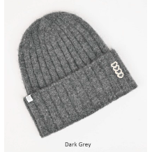 Molly Bracken knitted beanie in dark grey with a wide cuff and delicate embroidered hearts on the front.