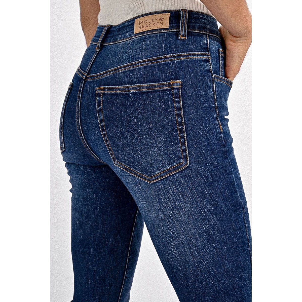 Molly Bracken bootcut jeans in Brut Denim, high-waisted with back pocket and label on waistband.