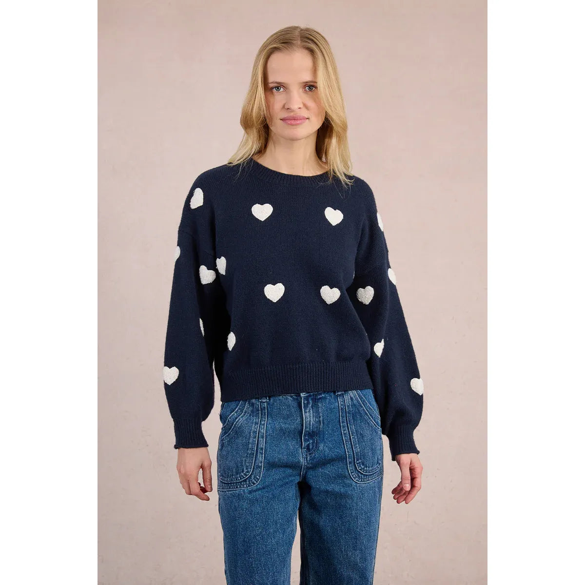 Molly Bracken navy knitted heart crew sweater with white heart pattern, balloon sleeves and tightened cuffs.