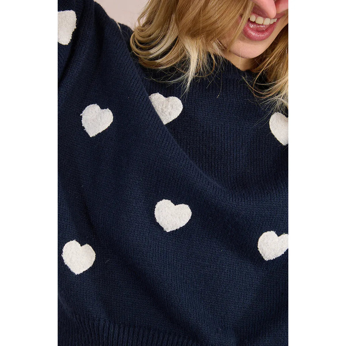 Molly Bracken Knitted Heart Crew Sweater in navy with embossed white hearts and balloon sleeves