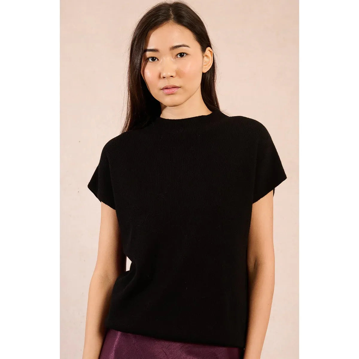 Molly Bracken SS Knitted Crew Neck Sweater; black, fine knit, short sleeves, dropped armholes, semi-stand-up collar.