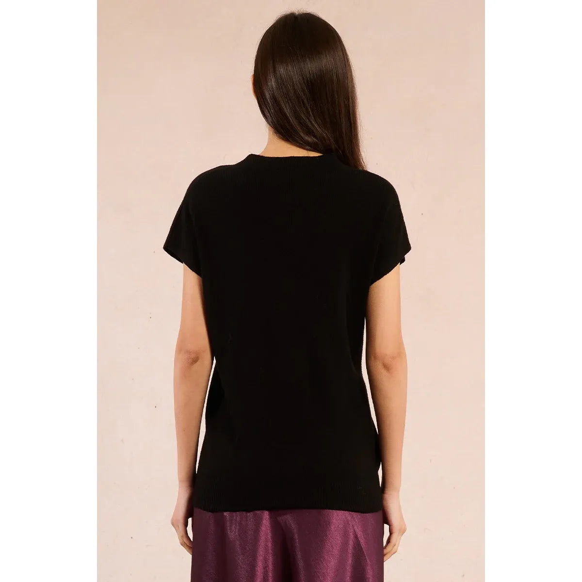 Back view of a black Molly Bracken SS Knitted Crew Neck Sweater with short sleeves and dropped armholes.