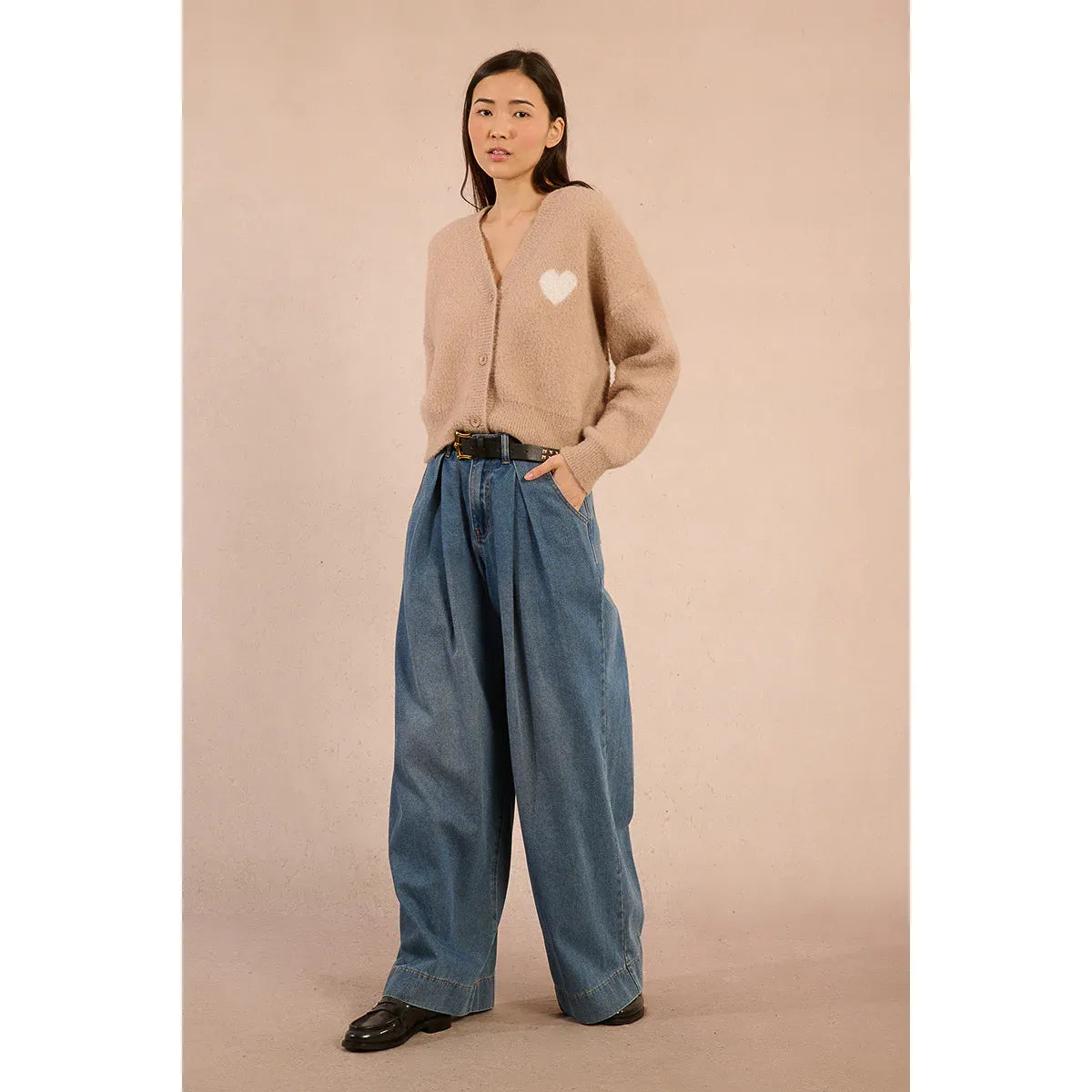 Molly Bracken Short Heart Cardigan in beige with white heart motif, V-neck, buttoned front, short length.