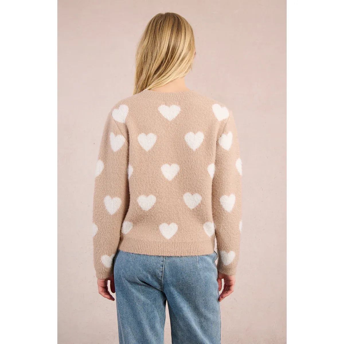 Molly Bracken Heart Sweater in beige with white heart pattern, back view.