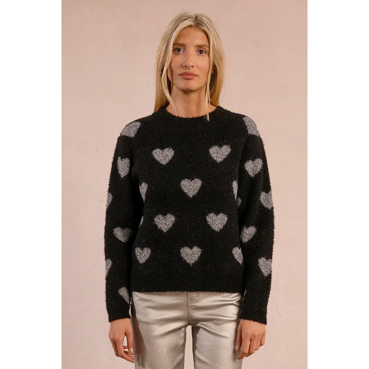 Molly Bracken Heart Sweater in black with gray heart pattern, long sleeves, round neckline, straight fit.