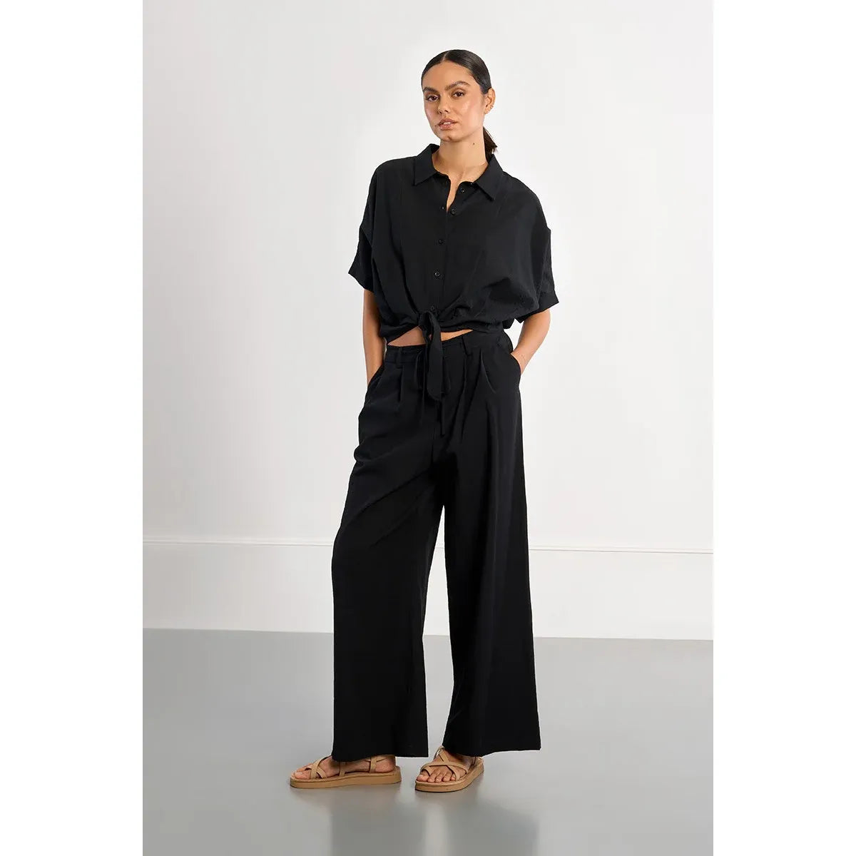 Molly Bracken Knotted Blouse in black with front knot, collared, mid-length sleeves.