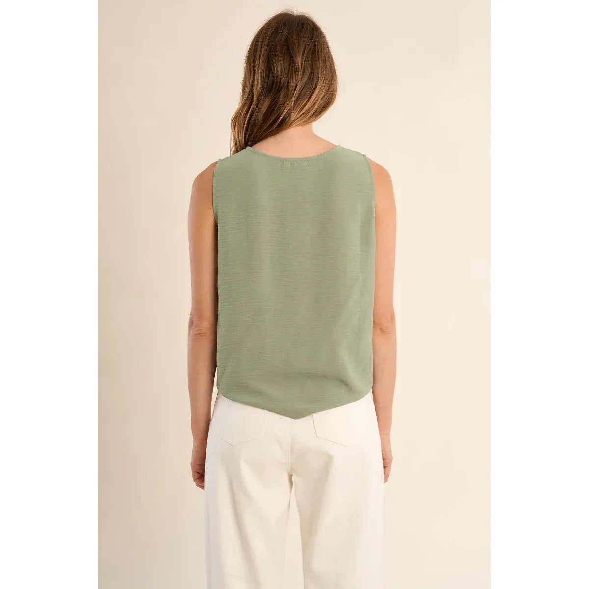 Molly Bracken Knotted Tank Top in sage green, back view, sleeveless draped top.