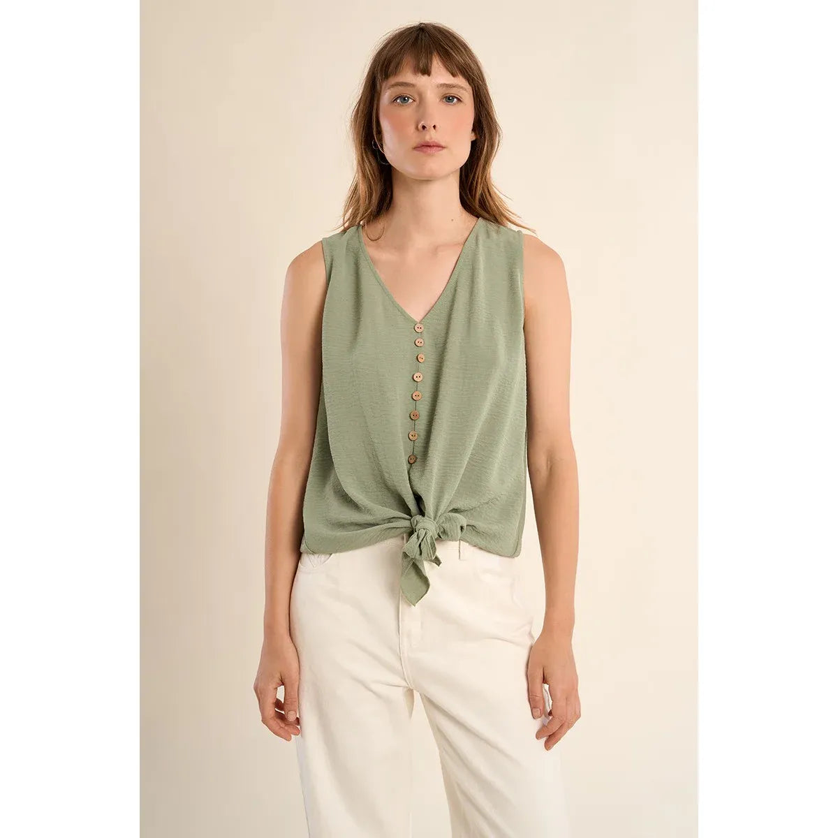 Molly Bracken Knotted Tank Top in sage green with a V-neck, button front, and knotted waist detail.