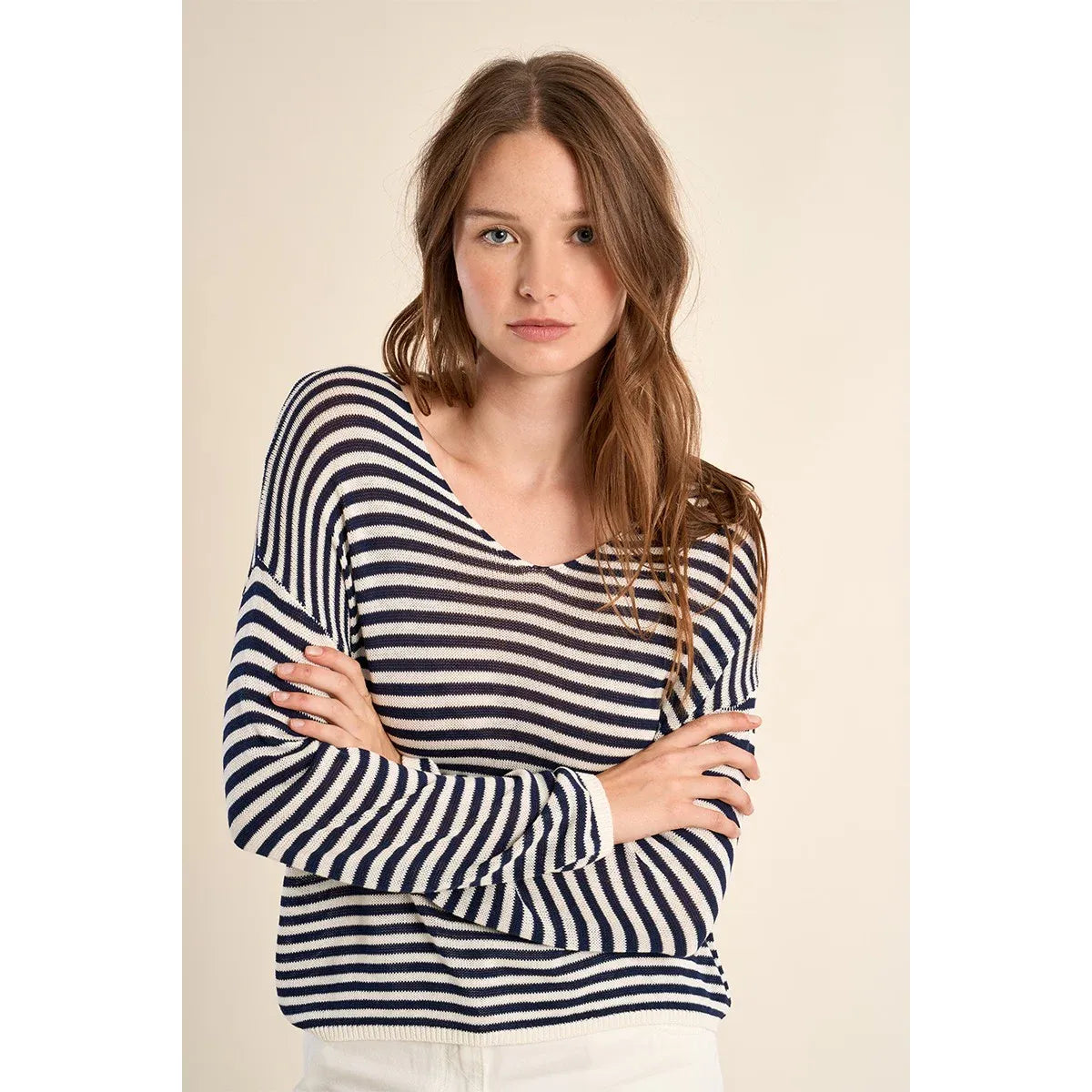 Molly Bracken long-sleeve sailor shirt in navy stripes, viscose-polyamide blend for soft drape, relaxed V-neck.