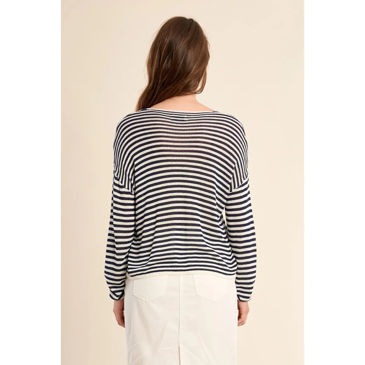 Molly Bracken navy and white striped long-sleeve sailor knit shirt, viscose blend, relaxed oversized fit, back view