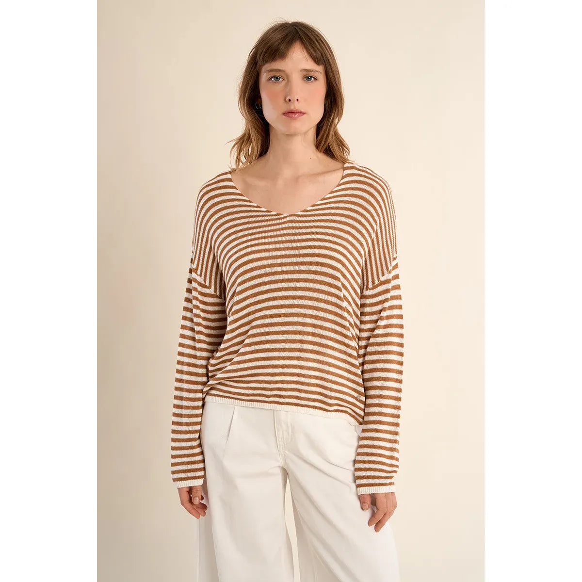 Molly Bracken Long Sleeve Sailor Shirt in brown and white stripes with a relaxed oversized silhouette and V-neck.