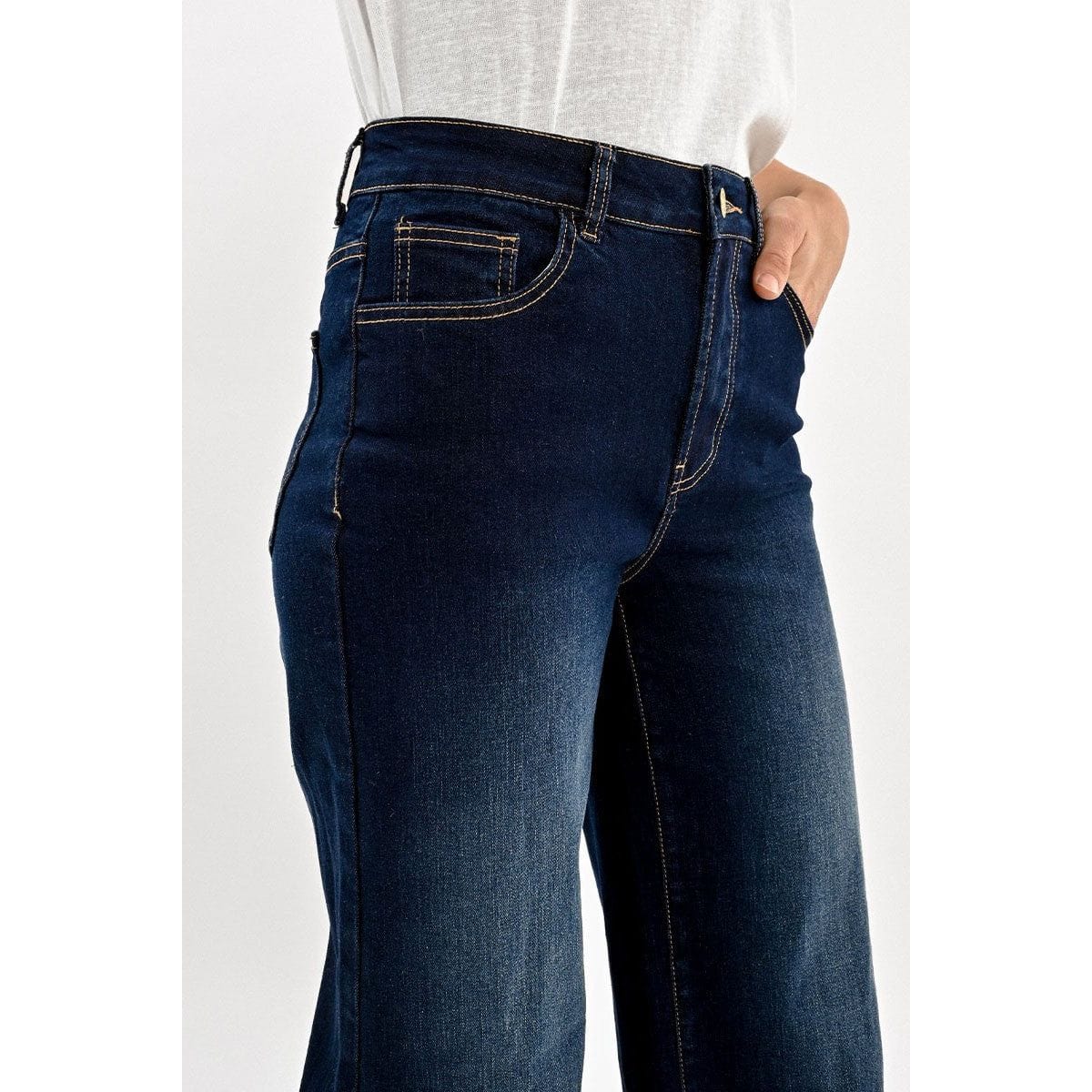 Molly Bracken Jamie wide-leg dark blue denim pants with front pockets, light fading, zip fly.
