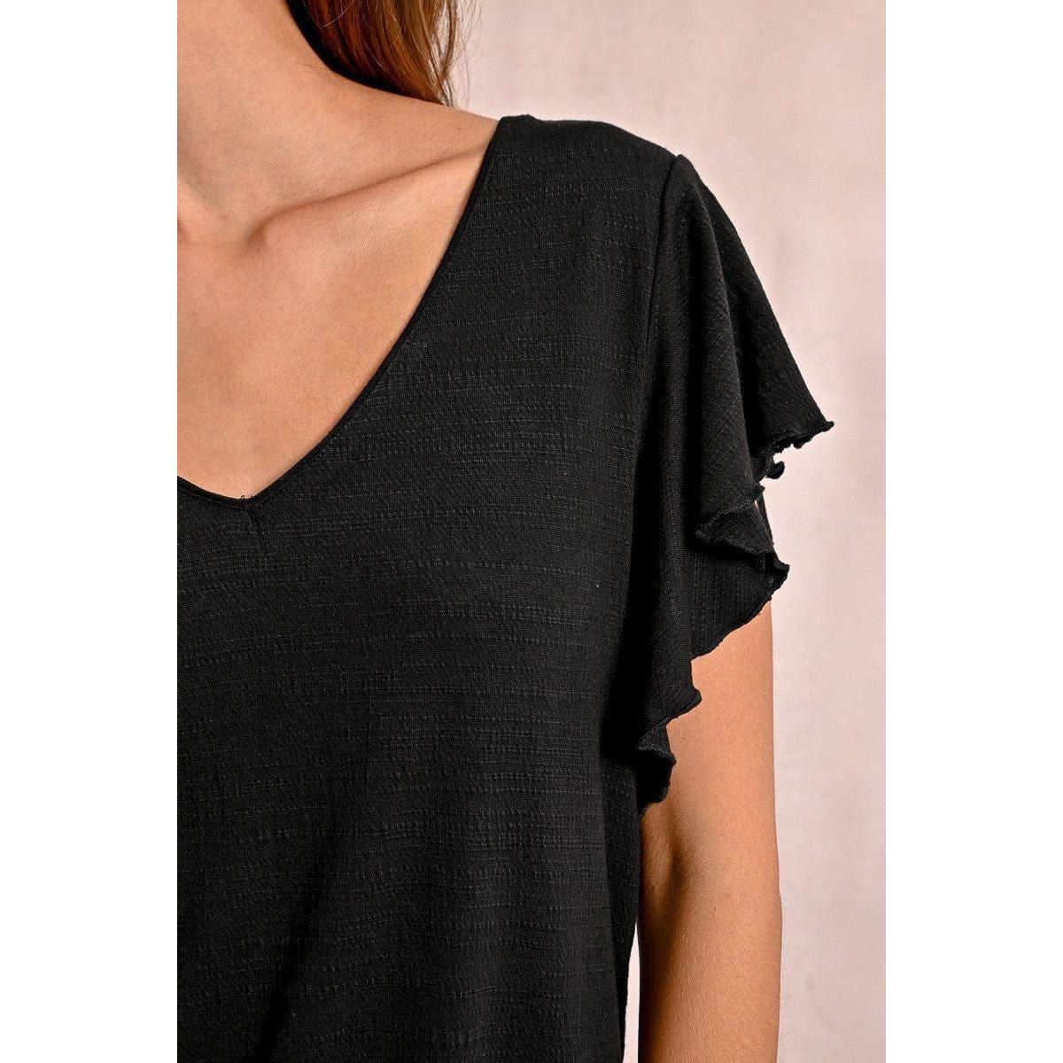 Stylish Molly Bracken Ruffled Tshirt with a wide V neckline and playful ruffled sleeves for a chic look.