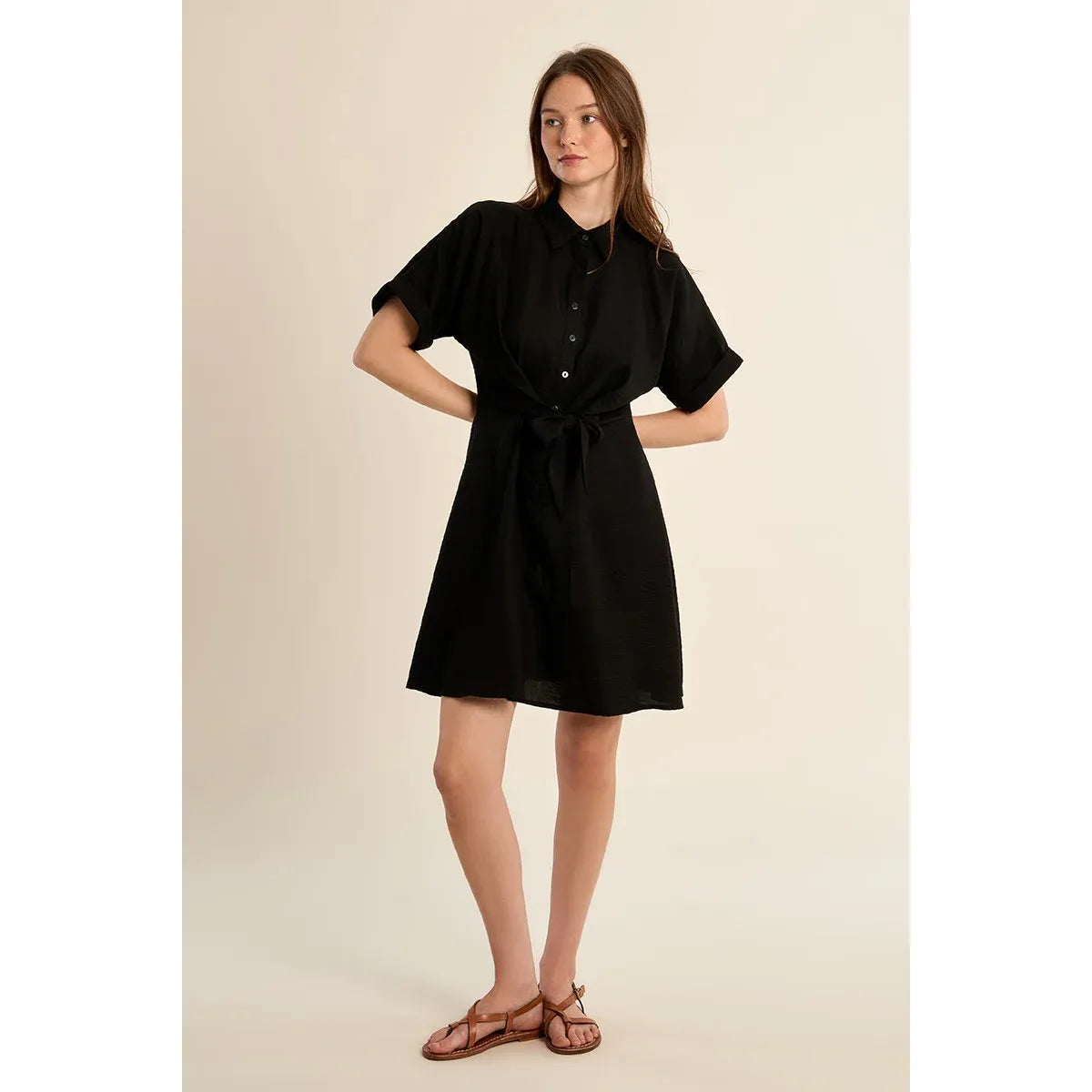 Molly Bracken Short Dress in black with knotted waist, relaxed silhouette, short sleeves, and shirt collar.