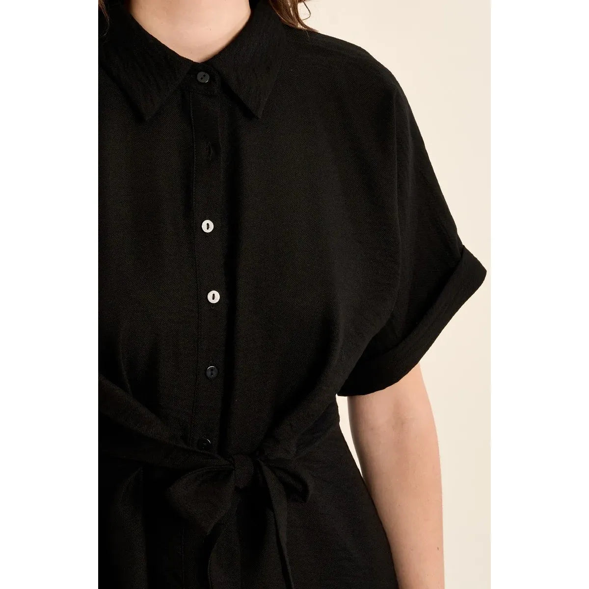 Molly Bracken Short Dress in black with knotted waist, button placket, short sleeves, shirt collar.